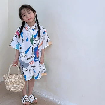 Детски Рокли-ризи на ревера за деца от 3 до 9 години, ежедневна рокля с къси ръкави и принтом Графити За Малки момиченца, Дрехи За Момичета