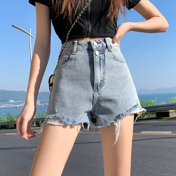 Дънкови Шорти дамски 2023, лятна корейската мода, реколта секси панталони за момичета с висока талия, Y2k, черни, сини дънкови къси Панталони с кожени страна