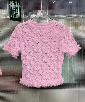 2023 Пролет лято, нови висококачествени дамски дантелени възли блузи с къс ръкав, пуловер с кръгло деколте, Розово Сладко Елегантен Шик случайни подиум