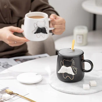 Креативна чаша-крылышко с капак и лъжица, чаша за закуска, чаша за мляко, офис керамична чаша, сладък Ангел, подвижни чаши за кафе