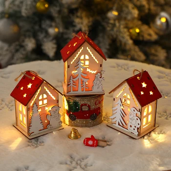 Коледен дървен отвор, светлинен окачен дом, led Къща, Висящи украшения за дома, Украса за Коледното парти, Коледни подаръци Навидад