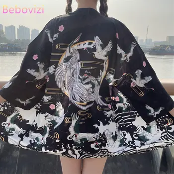 Традиционен колан за кимоно с принтом журавля 2023, летен плаж с жилетка, юката, японската черни дрехи, модерен жена топ хаори
