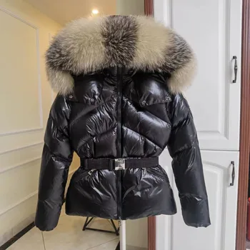 2023 нов зимен пуховик с ярък кожа яка, дамско утолщенное топло късо палто с 90% бял утином топола, висококачествено черно палто