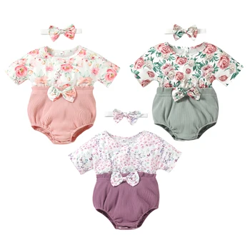Комплект костюми за малките момичета с флорални принтом, къси Панталони в стил мозайка с къс ръкав, Гащеризон с превръзка на главата, Летни дрехи