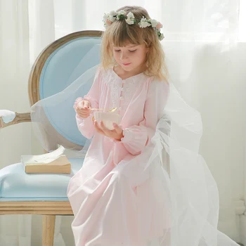 Бебешка рокля в стил Лолита за момичета, розова пижама принцеса, реколта нощни ризи с V-образно деколте и бродерии.Нощница Kid Royal за почивка