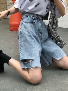 HOUZHOU Harajuku корейски издържат дънкови шорти, дамски градинска облекло в стил хипи, скъсани дънки с изрезки, дамски летни къси панталони с висока талия