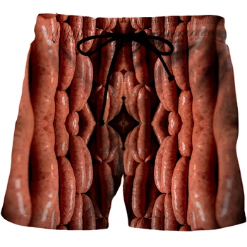 Нови плажни шорти с шарени наденица на скара, гурме, шорти с 3D изображение, за колбаси, мъжки/дамски къси панталони с месо наденица