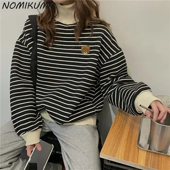 Корейски мек вълнен плат пуловер Nomikuma, блузи, ежедневни топ райе с дълъг ръкав и шик бродерия, дамски hoody 2023, есен нов скок