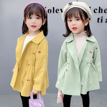 Модерен случайни тренч за малки момичета, памучно палто, яке, палто, ново 2023 година, червена, жълта, пролетно-есенен детски дрехи
