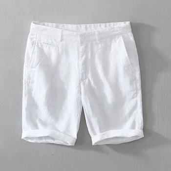 Гащета от чист лен за мъже, Летни Новости 2023, Модни обикновена Бяла Свободни празнични къси панталони, мъжки ежедневни панталони с копчета голям размер