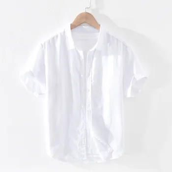 2023 Мъжка риза от памук и лен с къси ръкави, младежта тънка дишаща бельо риза със свободно квадратна яка