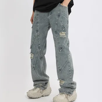 Градинска дрехи, оръфан мъжки дънки, обикновена скъсани свободни прави дънки, летни ежедневни дънкови панталони в стил хип-хоп, високите улични панталони