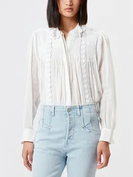 Дамски плиссированная блуза с кръгло деколте и дантела тапицерия с бродерия 2023, Нови женски универсални бели ризи с дълъг ръкав, Потници