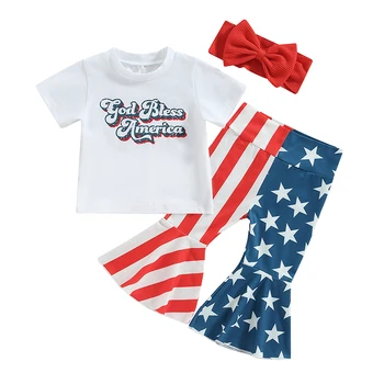 Детски дрехи за момичета на Деня на Независимостта, тениска с къс ръкав и писмото принтом, ежедневни разкроена панталони в звездната ивица, превръзка на главата