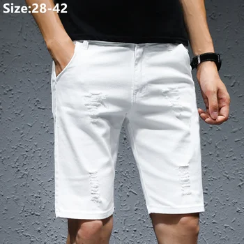 Бели Разкъсани надраскани мъжки дънкови къси панталони, ежедневни летни дънки, популярни ластични панталони Размер плюс 36 38 40 42, черни Панталони с дупки за момчета