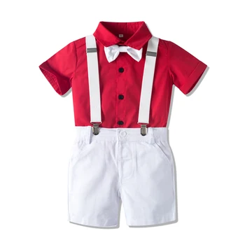 Официалната дрехи за момчета, дрехи за деца, червена риза + бели Шорти с бял колан, модни празнични костюми за малките момчета
