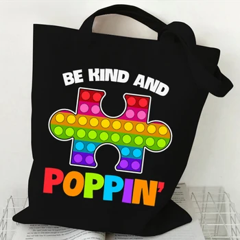 Холщовые дамски чанти с аутизъм Be Kind and Poppin Print Color Jigsaw, ежедневни дамски чанти-тоут, женски реколта чанти за пазаруване