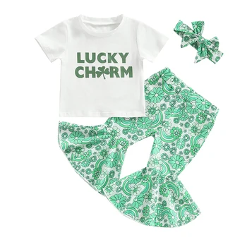 Комплекти летни дрехи за малките момичета, бели блузи с къс ръкав и писмото принтом + Зелени разкроена панталони + Превръзка на главата