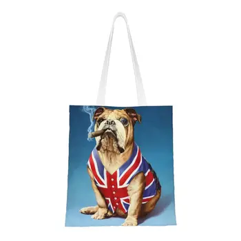 Модерна чанта за пазаруване в стил английски булдог, множество чанта за пазаруване с английски флаг, холщовая пазарска чанта на рамото