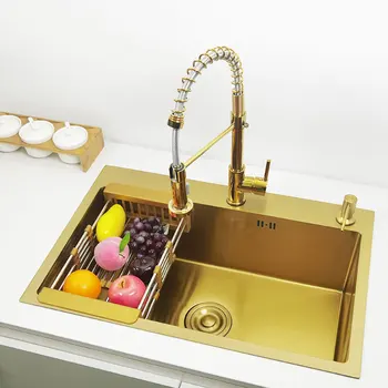 Златна кухненска мивка с една Мивка от неръждаема стомана SUS304, Мрежест филтър за кухненски кърпи, Златна Мивка за измиване на Кухненски Мивки и