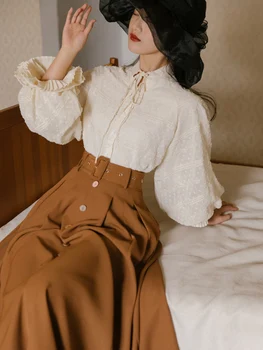 Красива дамска във викториански стил, реколта шифоновая свободна риза с ръкави-фенерче, блузи, кафява пола, midi, елегантен комплект от 2 теми