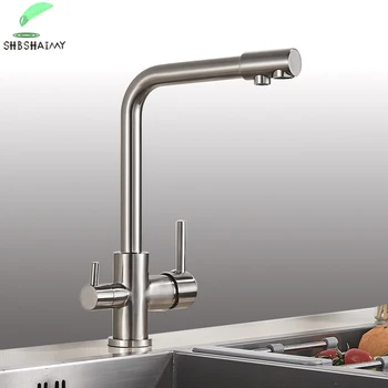 SHBSHAIMY Матиран никелова филтър с Кухненски смесител за питейна вода с Кухненски кран, монтирани на бортике, с две дръжки, 3-Ходова смесител за топла и студена вода